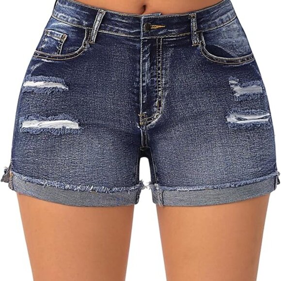 Women’s Casual Summer Mid Rise Ripped Stretchy Rolled Hem Denim Jean Shorts